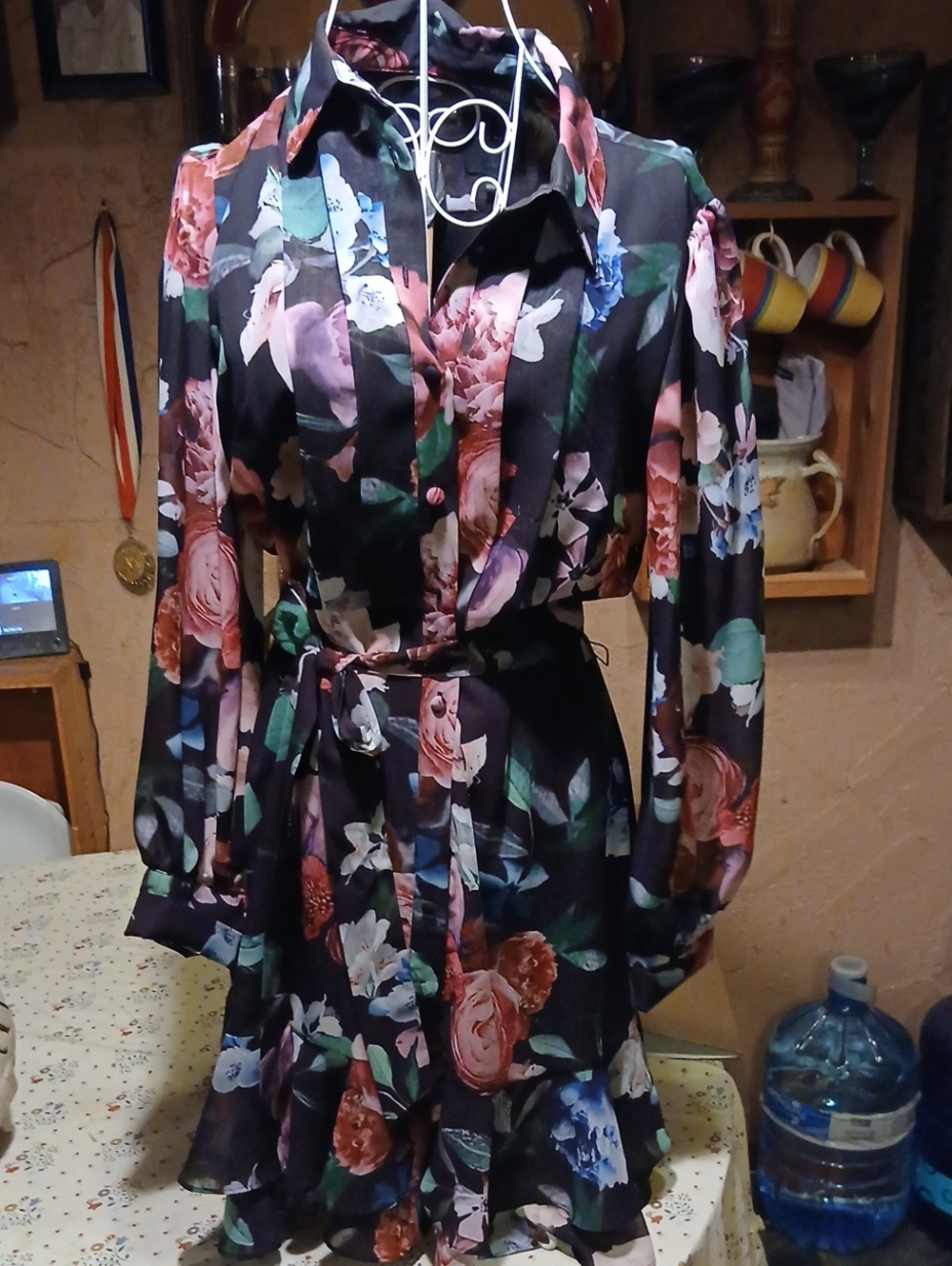 Alex Marie Black Floral Long-Sleeve Belted Dress with Pink & Blue Blooms